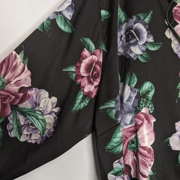 City Chic Black Satin Matching Pajama Set Floral Long Sleeve Pockets Size 24 - Picture 6 of 9